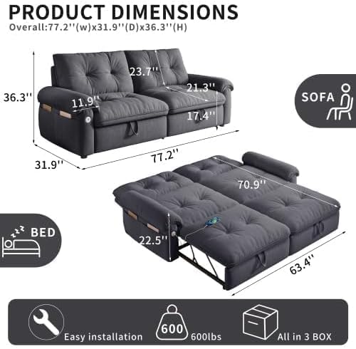 77" Convertible Queen Sofa Bed with USB Port & Side Pockets, Gray