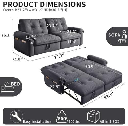 77" Convertible Queen Sofa Bed with USB Port & Side Pockets, Gray