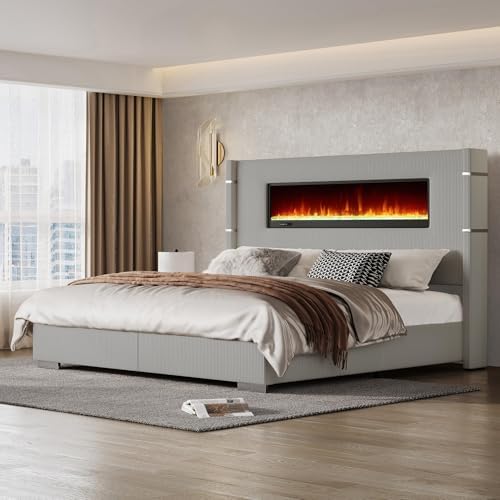 AMERLIFE King Bed Frame with Fireplace, Upholstered Headboard, Light Gray