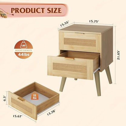 WLIVE Wooden Nightstands Set of 2, Rattan Night Stand with 2 Drawers