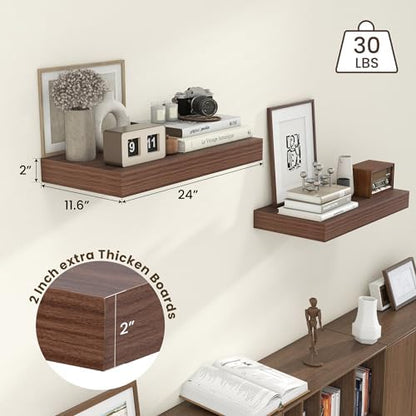 FLYJOE Deep Floating Shelves, 24'' x 12'' Walnut Shelves for Wall Set of 2