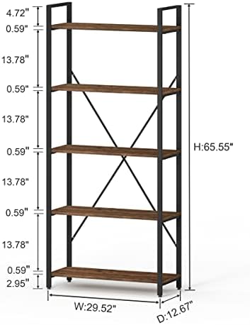 Industrial Bookshelf, Etagere Bookcases and Book Shelves 5 Tier, Rustic Wood and Metal Shelving Unit (Rustic Oak)