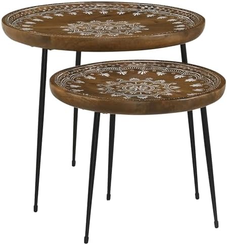 Coaster Home Furnishings - Nuala - 2-Piece Round Mango Wood Nesting Tables with Tripod Legs and Hand-Painted Floral Motifs - Mid-Century Modern - Living Room - Honey Finish - 935984