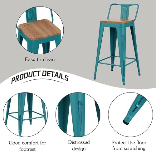 24" Barstools Set of 4 Counter Height Bar Stools Side Chair-Distressed Teal