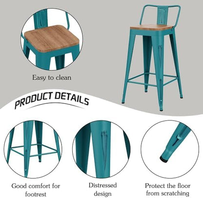 24" Barstools Set of 4 Counter Height Bar Stools Side Chair-Distressed Teal