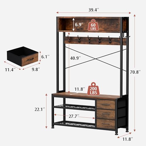 Hall Tree with Bench and Hooks, 39.4" Shoe and Coat Rack Entryway Organizer