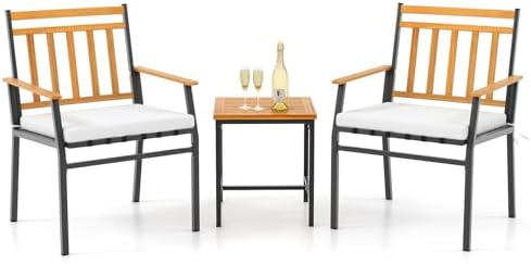Tangkula 3 Pieces Acacia Wood Bistro Set, Patio Conversation Set with Cushions and Coffee Table, Outdoor Bistro Table and Chairs Set for Porch, Balcony, Garden and Backyard (Off White)