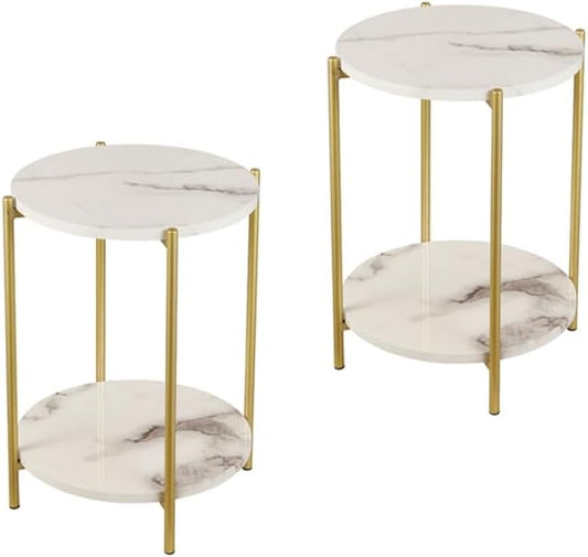 Gawicpy 2 Tier Round Side Table, Folding End Tables Coffee Table Simplistic Sofa Table Waterproof Removable Tray Table Indoor Outdoor Accent Table for Living Room Bedroom (Faux Marble White, 2pcs)
