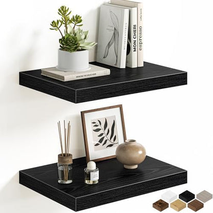 Black Floating Shelves for Wall, 16'' W x 12'' D Wall Mounted Rustic Wood Shelves for Bathroom, Bedroom, Living Room, Kitchen, Hanging Shelf for Storage/Room Decor with Heavy Duty Brackets, 2 Pack