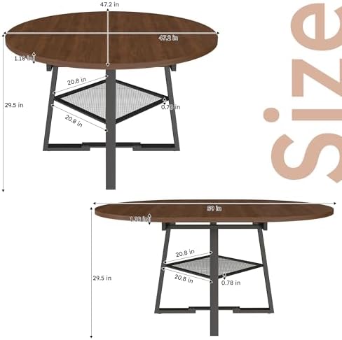 43"-59" Extendable Round Dining Table for 4-6,Mid Century Modern Walnut Wood Grain Table,Expandable Kitchen Table with Metal Storage Shelf for Small Spaces