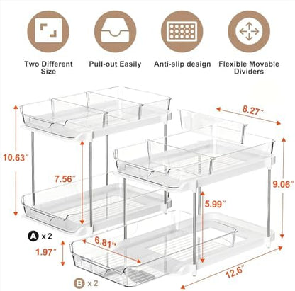 Delamu 2-Tier Multi-Purpose Bathroom Under Sink Organizers and Storage, Stackable Kitchen Pantry Organization, Pull Out Medicine Cabinet Organizer with Movable Dividers, White, 4Pack