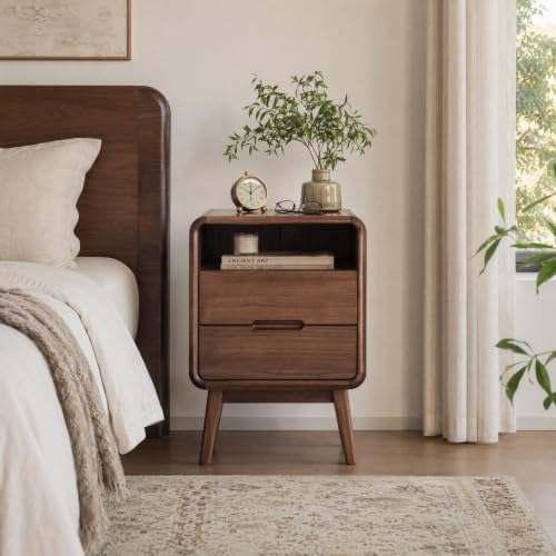 Solid Wood Nightstand, Walnut Night Stand with 2 Drawers and Open Storage, Mid Century Modern Nightstands for Small Space, Bedside Table for Bedroom, Dorm(23.23" H)