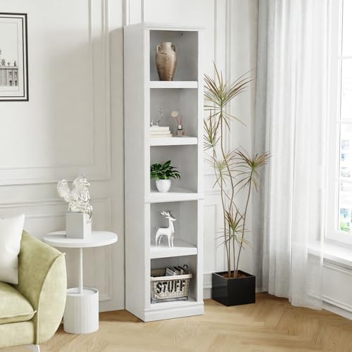 blini 5-Shelf Narrow Bookcase White Wooden Tall Bookshelves Floor Standing Display Storage Shelves Vintage Oak Bookcase for Home Office, Living Room, Bed Room
