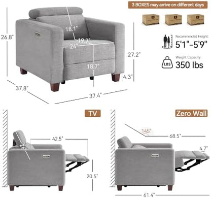 MCombo Zero Wall Hugger Power Recliner Chair for Adult HL128 (Grey)