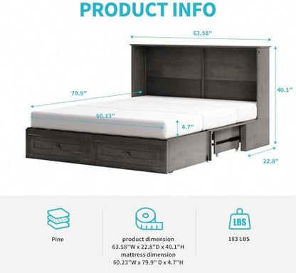 CECER Queen Murphy Cabinet Bed without Mattress, Slate Grey