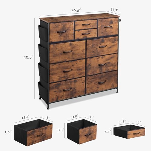 WLIVE 10 Drawer Fabric Dresser for Bedroom, Side Pocket Chest, Rustic Brown