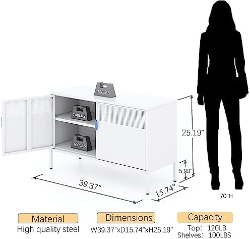 Ustamio White Metal Locker Storage Cabinet with Adjustable Shelf, Low Metal Storage Cabinet for Home Office, 2 Door Small Decorative Metal Locker Tv Stand Cabinet
