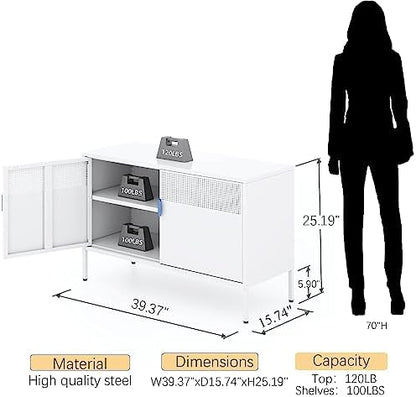 Ustamio White Metal Locker Storage Cabinet with Adjustable Shelf, Low Metal Storage Cabinet for Home Office, 2 Door Small Decorative Metal Locker Tv Stand Cabinet
