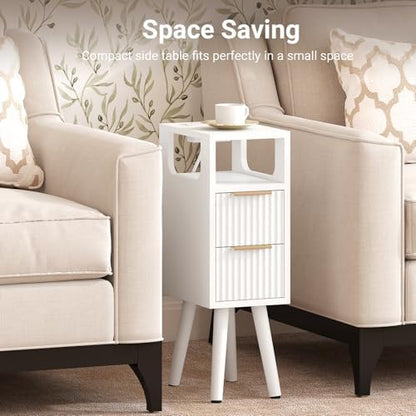 Narrow Side Table with Charging Station, Skinny Fluted Nightstand, White