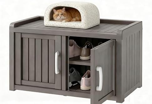 Shoe Storage Cabinet Waterproof UV-Resistant, Entryway Storage Bench Indoor Outdoor with 2 Barn Doors, Adjustable Shelves for Entryway, Bedroom, Hallway,Living Room(Classic Grey)