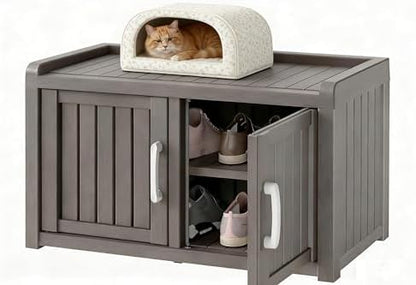 Shoe Storage Cabinet Waterproof UV-Resistant, Entryway Storage Bench Indoor Outdoor with 2 Barn Doors, Adjustable Shelves for Entryway, Bedroom, Hallway,Living Room(Classic Grey)