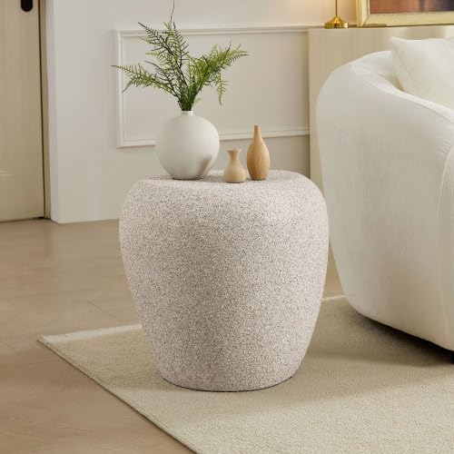 Modern Side Table, Faux Stone Round End Table, Accent Irregular Bedside Table for Bedroom, Living Room, Home Office, No Need Assembly, Cream White