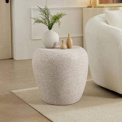 Modern Side Table, Faux Stone Round End Table, Accent Irregular Bedside Table for Bedroom, Living Room, Home Office, No Need Assembly, Cream White