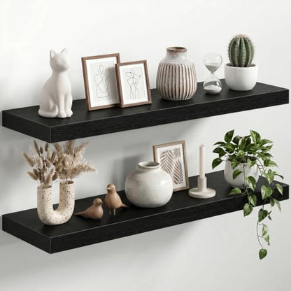 12" Deep Floating Shelves for Wall, 40" Long Black Wood Wall Shelves, Set of 2, 2" Thick Rustic Storage & Display Shelves with Invisible Brackets for Living Room Bedroom Kitchen