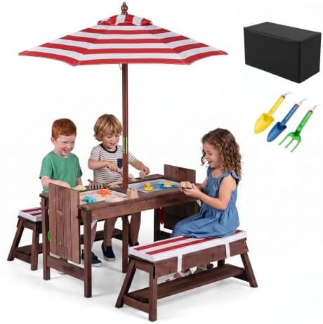 Costzon 4-in-1 Kids Picnic Table with Umbrella, Sand & Water Sensory Bins