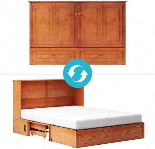 CECER Queen Murphy Cabinet Bed with Mattress, Cherry