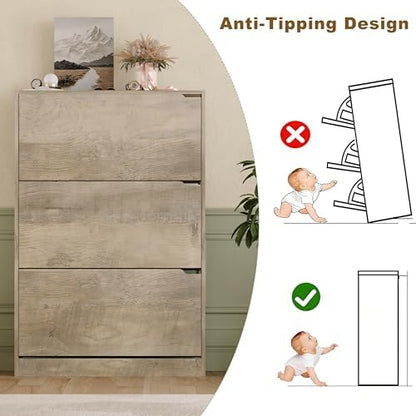 Shoe Storage Cabinet with 3 Flip Drawers, Grey