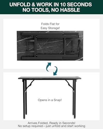 Small Folding Computer Desk – 43.3 Inch Portable Table for Craft and Study, Lightweight Desk for Small Spaces, Foldable Laptop Table Built-in AC/USB Outlets for Convenience, Marble Greige