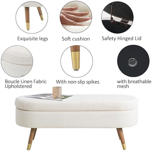IAFIKE Oval Storage Bench 43.5" Ottoman Bench Upholstered Boucle Fabric Footrest Bench with Golden Metal Legs End of Bed for Bedroom, Living Room, Entryway,Bed Side (Ivory)