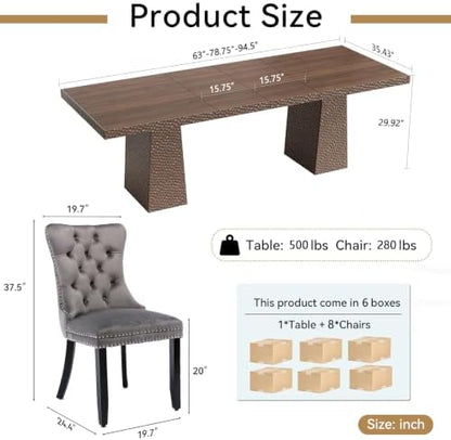 9 Piece Extendable Dining Table Set with 8 Velvet Chair,3 Adjustable Length