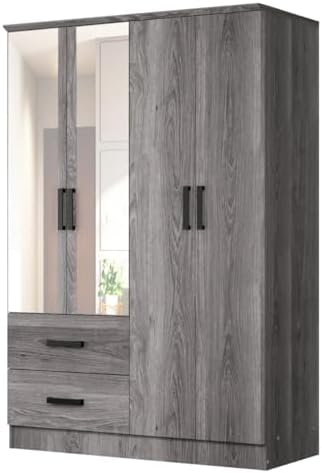Woodpeckers Furniture And Mattress 4 Mirrored Doors Wardrobe 2 Drawers with Shelves 72 high (2 Mirrors, Grey)