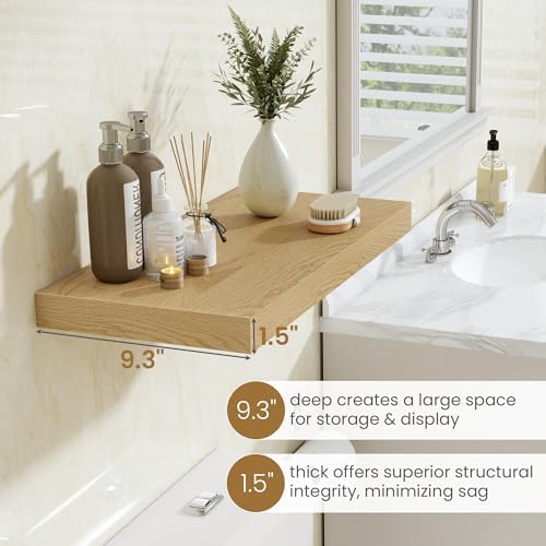 48 Inch Floating Shelves, 9.3 Inch Deep Wall Shelves for Bathroom, Living Room, Bedroom, Kitchen, Deep Long Shelf Wall Mounted 1 Pack Shelf for Books, Decor, Oak
