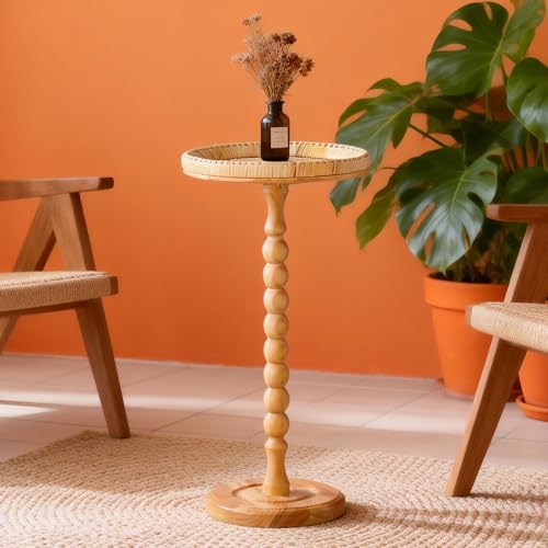 Small Side Table, Rattan Drink Table, Round Side Table for Small Spaces, Boho Circle End Table Coffee Table with Solid Wood Leg for Living Room, Pedestal Table for Bedroom, Corners