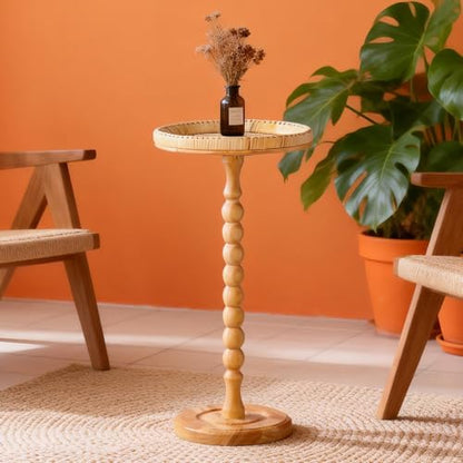 Small Side Table, Rattan Drink Table, Round Side Table for Small Spaces, Boho Circle End Table Coffee Table with Solid Wood Leg for Living Room, Pedestal Table for Bedroom, Corners