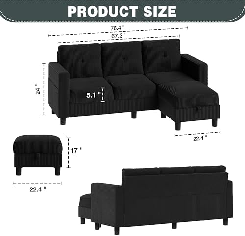 Convertible Sectional Couch Sofa for Small Spaces, L Shaped Modular Sofa with Removable Ottoman Storage, 3 Seat Modern Small Couches for Living Room in Apartment, Jet Black