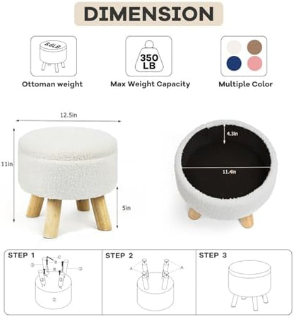 OGEMXU Ottoman Foot Stool, Small Ottoman with Storage,Round Storage Ottoman with Wood Legs, Soft Sponge Storage Footstool for Living Room, Bedroom, Couch, Enterway (Cream)