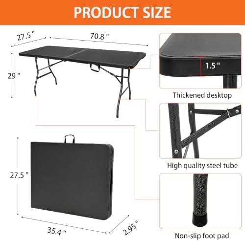 Folding Table 6ft, Heavy Duty Portable 6 Foot Foldable Table Plastic Large Folding Table Indoor Outdoor for Camping, Picnic, Wedding and Party, Black