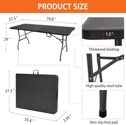 Folding Table 6ft, Heavy Duty Portable 6 Foot Foldable Table Plastic Large Folding Table Indoor Outdoor for Camping, Picnic, Wedding and Party, Black