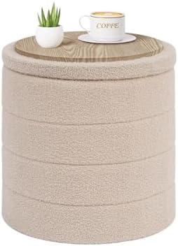 PINPLUS Round Folding Storage Ottoman, Beige Boucle Footstool