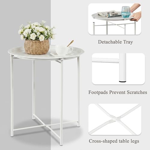 VECELO Side/End Table, Folding Round Metal Anti-Rust and Waterproof Outdoor or Indoor Tray for Living Room Bedroom Balcony and Office, 2 PCS, Beige