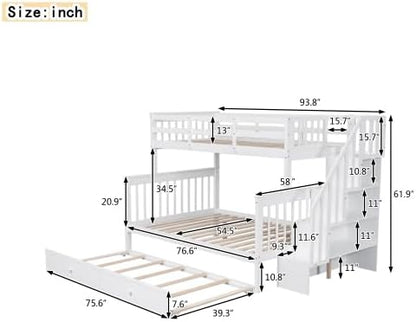 MERITLINE Twin Over Full Bunk Bed with Trundle, Storage Staircase,Solid Wood Bunk Bed with Stairs Box and Guardrail, No Spring Box Needed (White &Trundle,Twin Over Full)