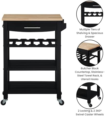Convenience Concepts Ellaine Butcher Block Kitchen Cart 24.75" - 4 Tier Kitchen Island with Storage Drawer, Dining Room Wine Rack on Wheels, Coffee Station Table, Mobile Utility Trolley, Black