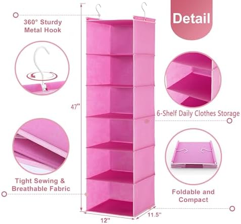 6-Shelf Hanging Closet Organizer with 2 Sturdy Hooks, Pink