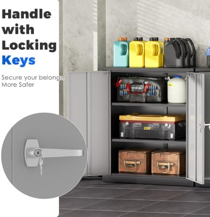 Metal Garage Storage Cabinet, 36" Lockable Storage Cabinet with 2 Doors and 2 Adjustable Shelves, Steel Grey White File Cabinet Great for Home Office, Garage, Warehouse, Study Room