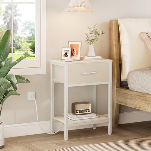 Nightstand with Charging Station, End Table with Fabric Drawer, Small Side Table with 2-Tier Storage Shelves, 25.4" Tall Night Stand, Bedside Table for Bedroom, Living Room, Dorm, Beige