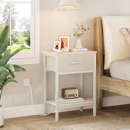 Nightstand with Charging Station, End Table with Fabric Drawer, Small Side Table with 2-Tier Storage Shelves, 25.4" Tall Night Stand, Bedside Table for Bedroom, Living Room, Dorm, Beige